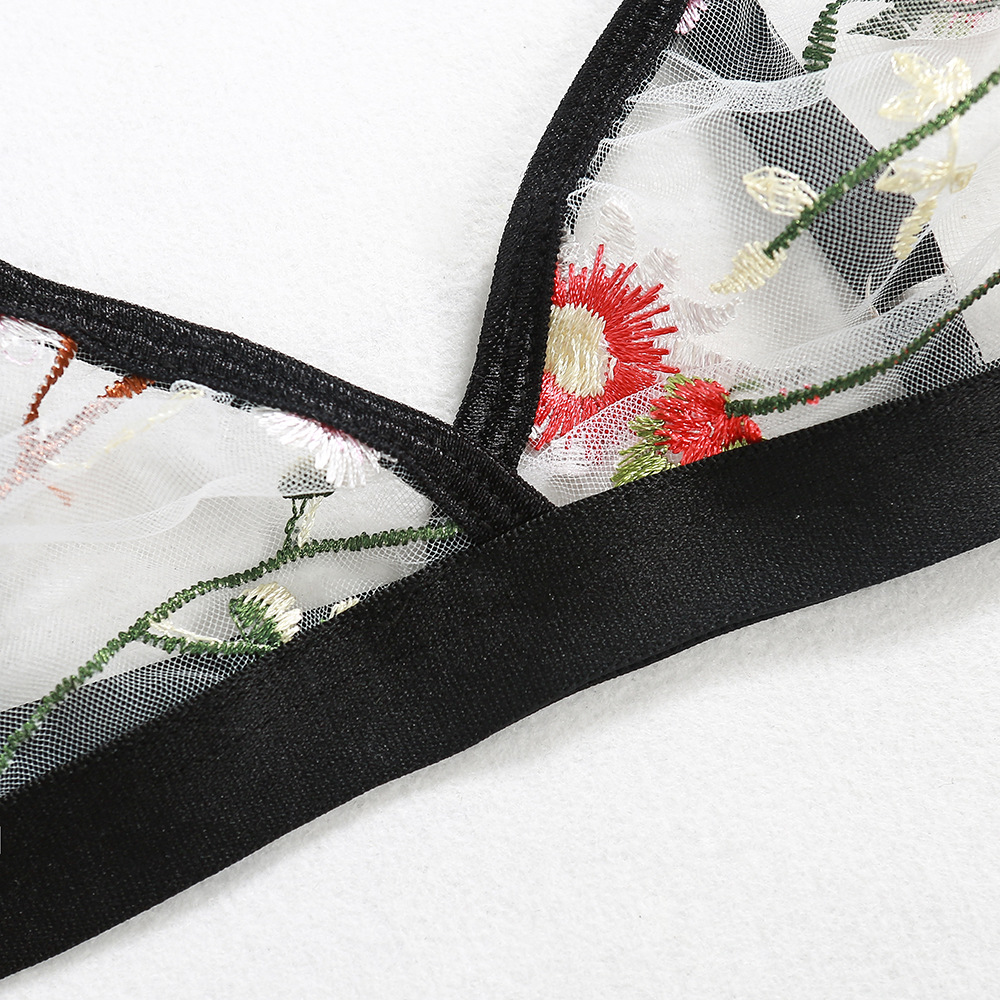 F5371 Sexy Floral Embroidered Mesh See-Through Bras Bikini Bralette Set